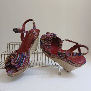 Multicolored Striped Fabric Peeptoe Cork&Rope Ankle Strap Wedge Sandals Sz 6.5